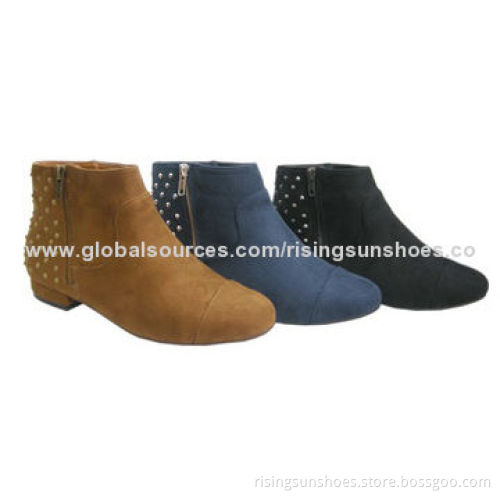 Women's dress boots with fake suede upper and conical metal rivets, decorated at back part